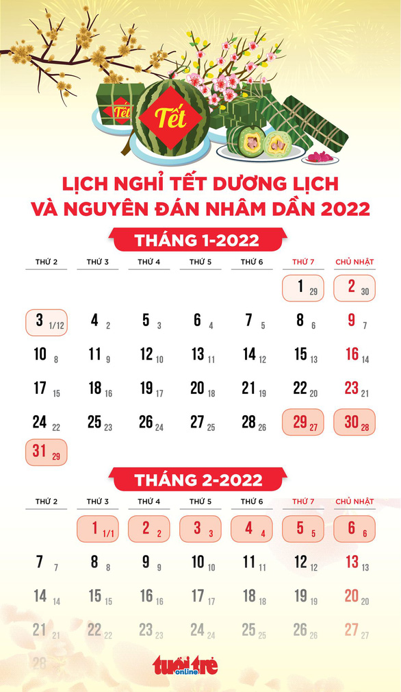 nghỉ 5 ngày Tết liên tục từ thứ hai (31-1-2022) đến hết thứ sáu (4-2-2022),