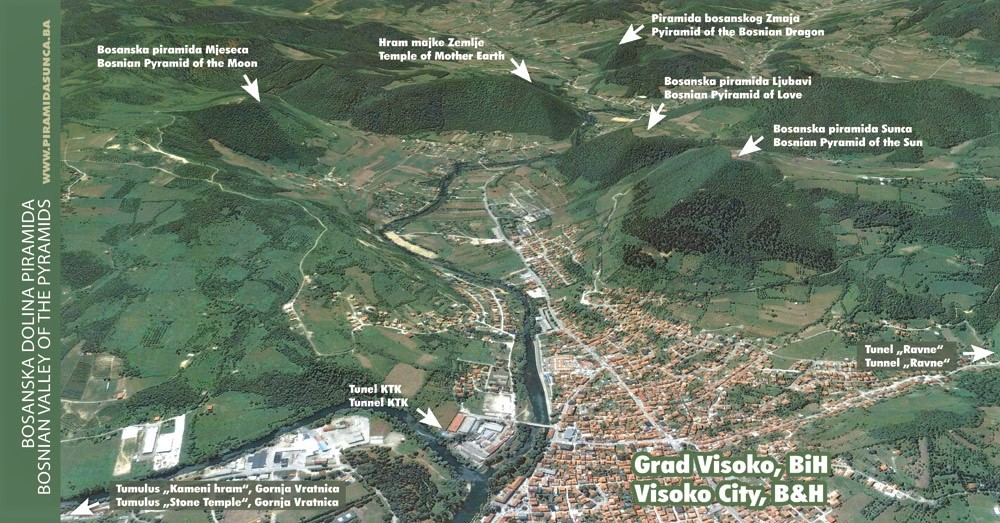 Sơ đồ vị trí các kim tự tháp trong thung lũng gần thị trấn Visoko. (Ảnh qua Ciencia y espiritualidad)
