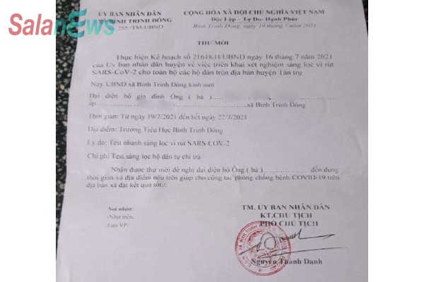 'Thư mời test nhanh tự trả phí' ở Long An, huyện nói vận động chứ không bắt buộc