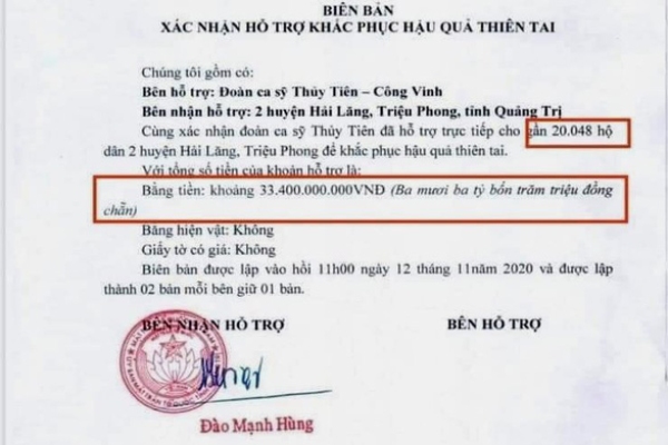 Khó xác định tổng số tiền ca sĩ Thủy Tiên trao ở Quảng Trị